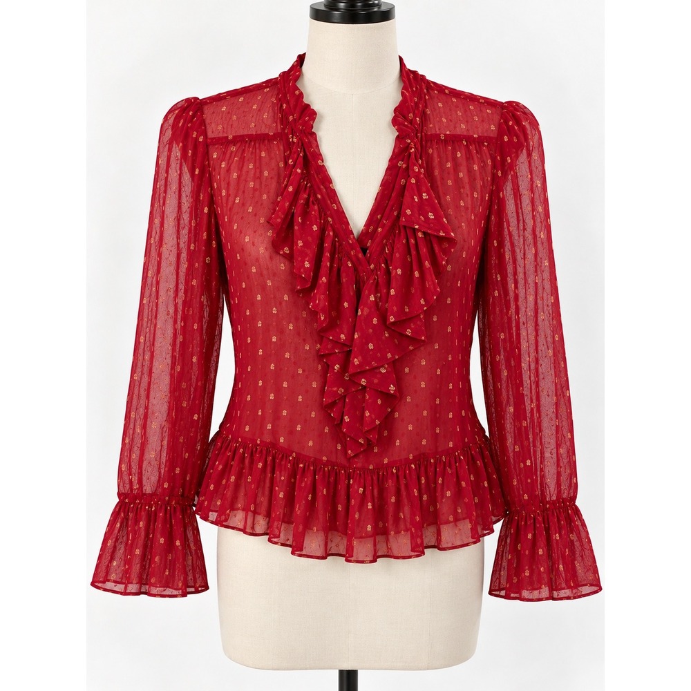 Plenty by Tracy Reese Blouse Sz S Red Gold Ruffle Clip Dot Holiday Coquette NWT